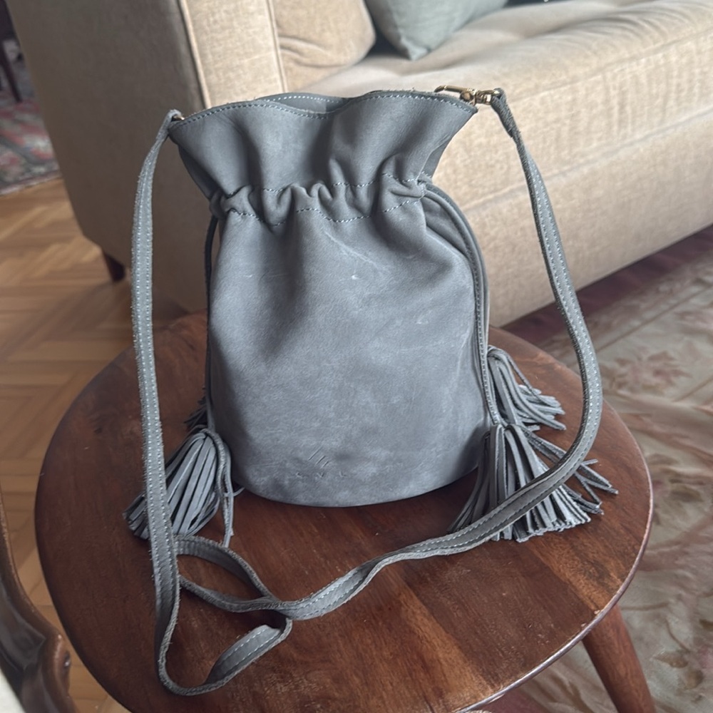 Grey nubuck suede bucket crossbody drawstring bag - Picture 13 of 16